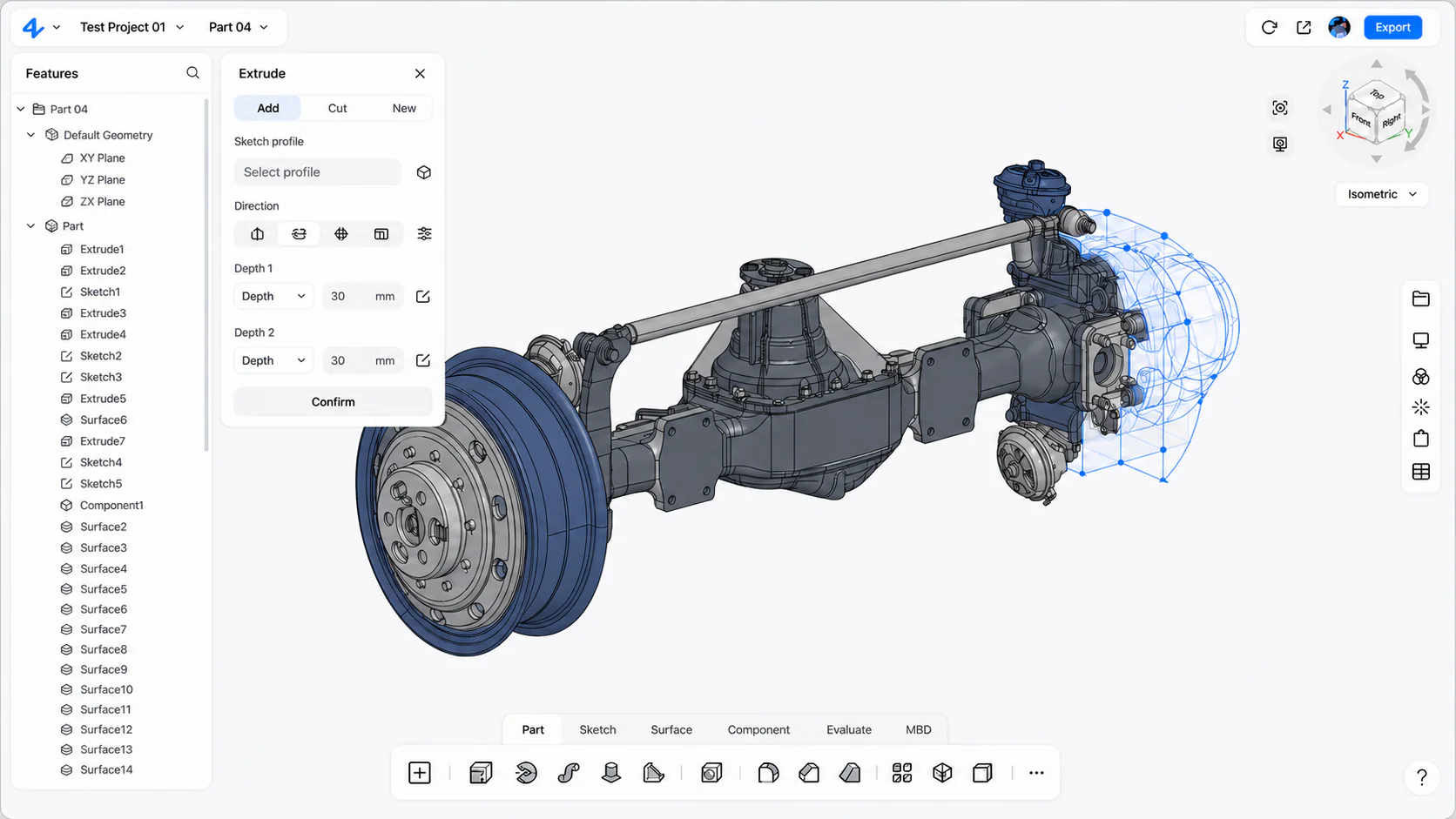 zCAD.Online workspace showing a multi-part automotive axle assembly