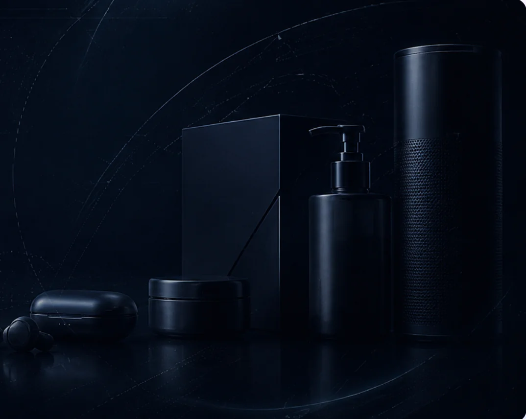 Consumer electronics and personal products in a dark product studio