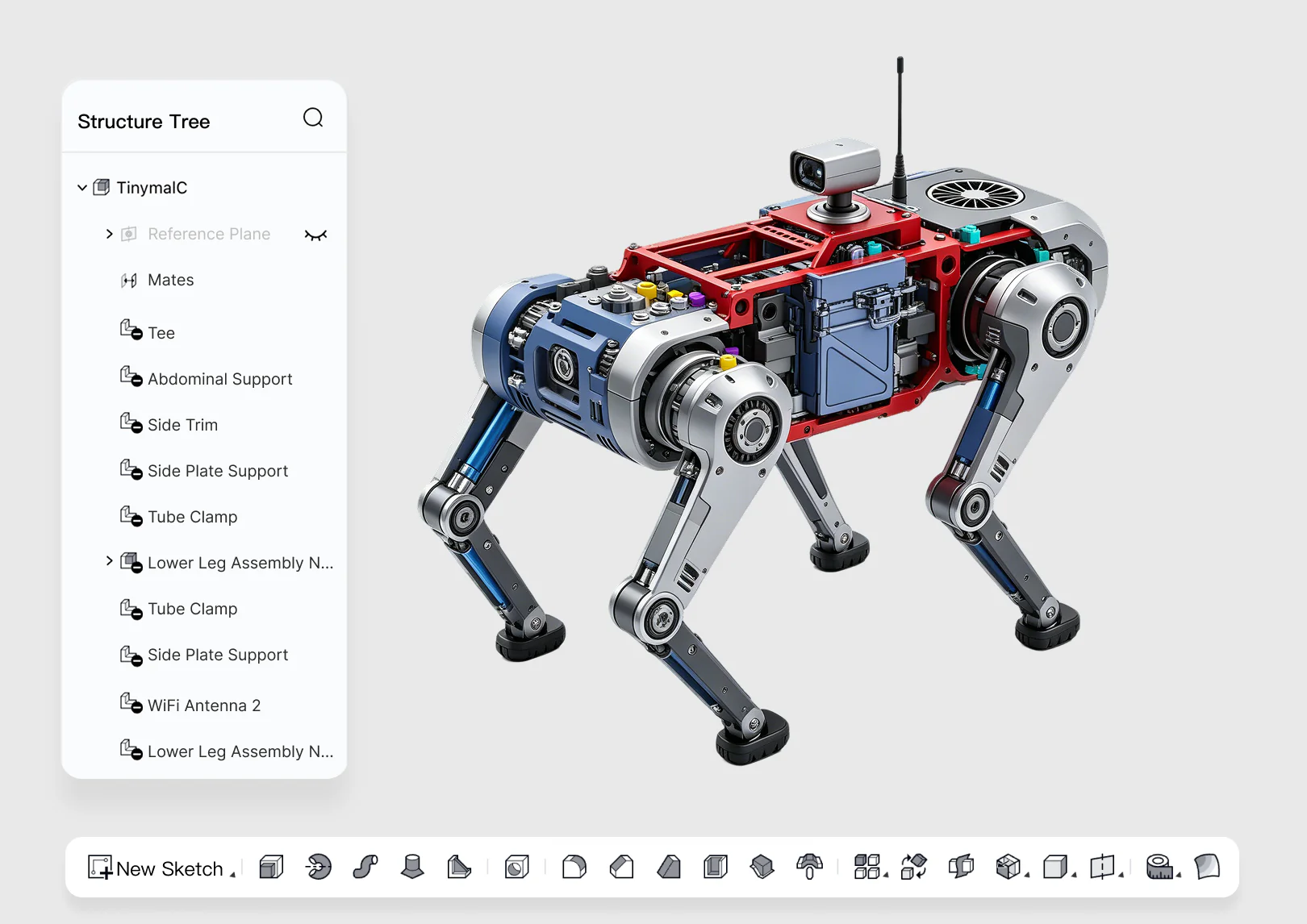 zCAD.Online workspace showing a large robotic assembly and structure tree