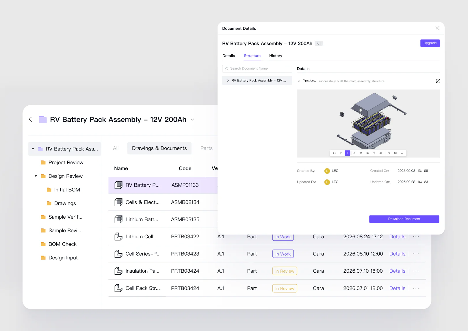 Centralized product data workspace with assembly structure and document details