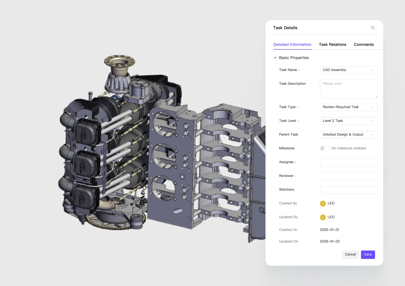 CAD assembly task details with ownership and review controls